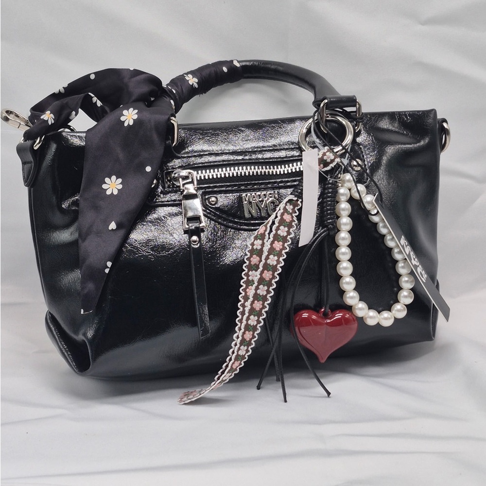 Madden NYC Black leather handbag with heart charm and detachable strap
